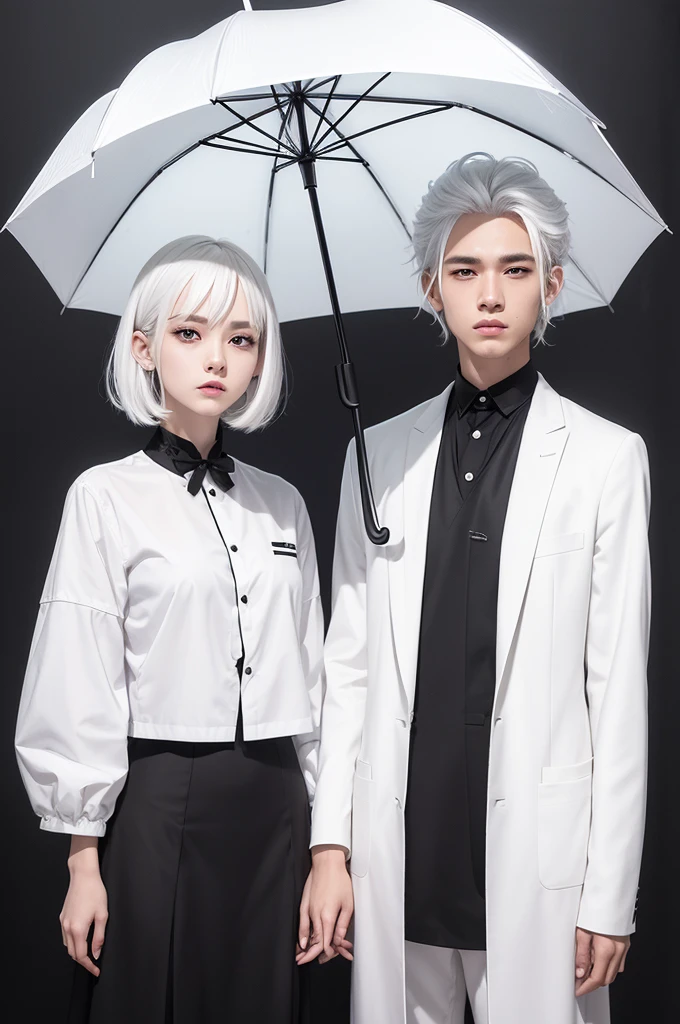 1 character, 2d masculino, feminine traits, arte anime, white clothes with black details, White hair, shorth hair, shorth hair feminino, muka feminino, muka , muka apático, white umbrella, stylish umbrella, simple art, Simple sketch, whole body