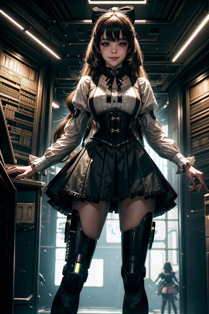 1girl, solo, cowboy shot, smile, underbust, Penny Polendina, long hair, neck ribbon, suspender skirt, corset, black bow, white blouse, mechanical legs, neon trim, indoors, standing, in cyberpunk library, crowd, (crowd wearing cyberpunk fashion)