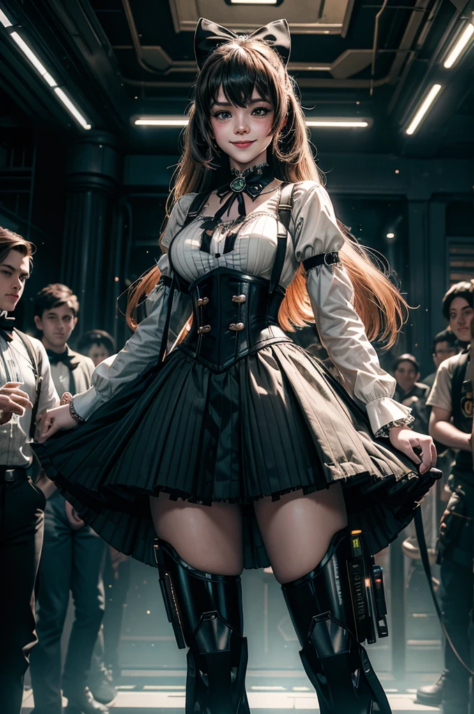 1girl, solo, cowboy shot,  smile,  underbust, Penny Polendina, long hair, neck ribbon, suspender skirt, corset, black bow, white blouse, mechanical legs, neon trim, indoors, standing, in cyberpunk library, crowd, (crowd wearing cyberpunk fashion)

