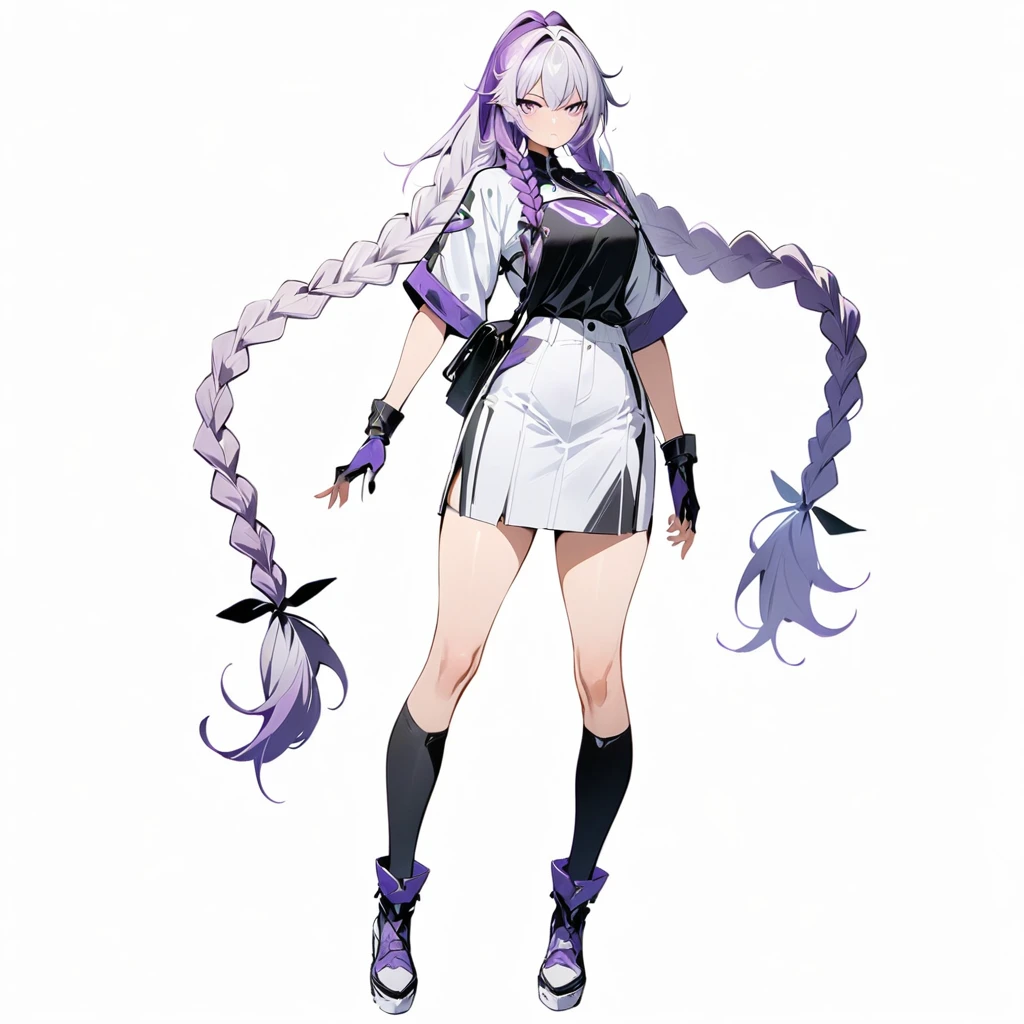 (masterpiece, best quality:1.2), Double braid girl,Purple and white gradient double braid long ponytail.cool.personality.brave,(White background:1.2),whole body