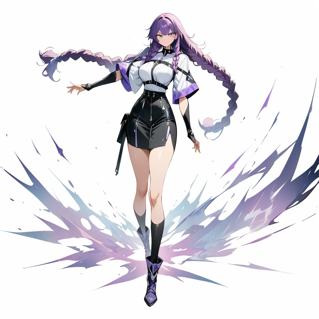 (masterpiece, best quality:1.2), Double braid girl,Purple and white gradient double braid long ponytail.cool.personality.brave,(White background:1.2),whole body