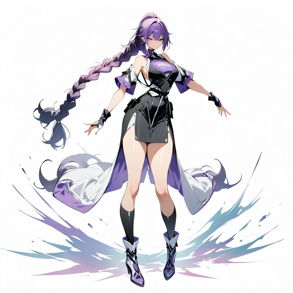 (masterpiece, best quality:1.2), Double braid girl，Purple and white gradient double braid long ponytail.cool.personality.brave,(White background:1.2)，whole body
