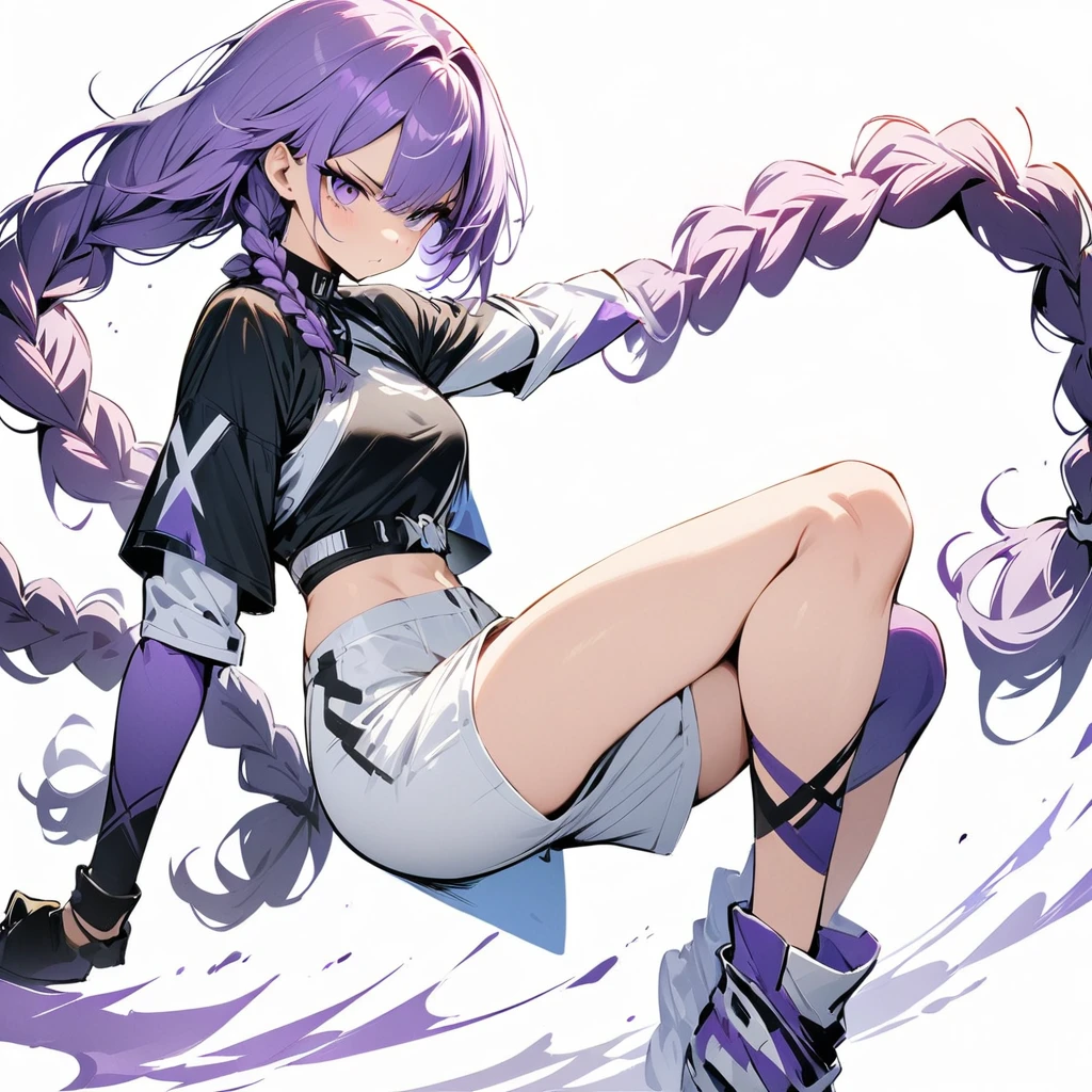 (masterpiece, best quality:1.2), Double braid girl,Purple and white gradient double braid long ponytail.cool.personality.brave,(White background:1.2),whole body