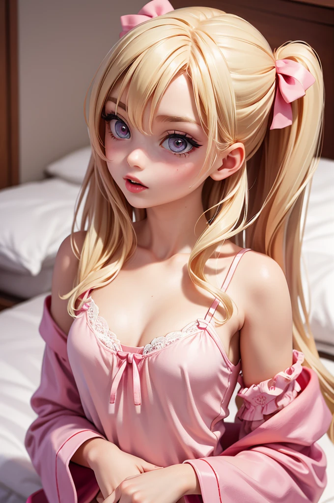 (bed) hyperrealistic  american teen, blonderfect tiny body, sexy, dark makeup, perfect slim face, big red lips, very cute face, tiny body, big eyes, young looking, childish looking, sexy pink pijama top, pink pijama panty, two ponytails, perfect belly, very big tits, deep neckline