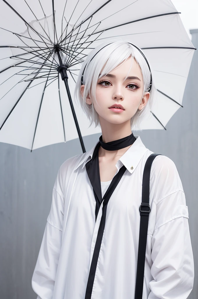 1 character, 2d masculino, feminine traits, arte anime, white clothes with black details, White hair, shorth hair, shorth hair feminino, muka feminino, muka , muka apático, white umbrella, stylish umbrella, simple art, Simple sketch, whole body