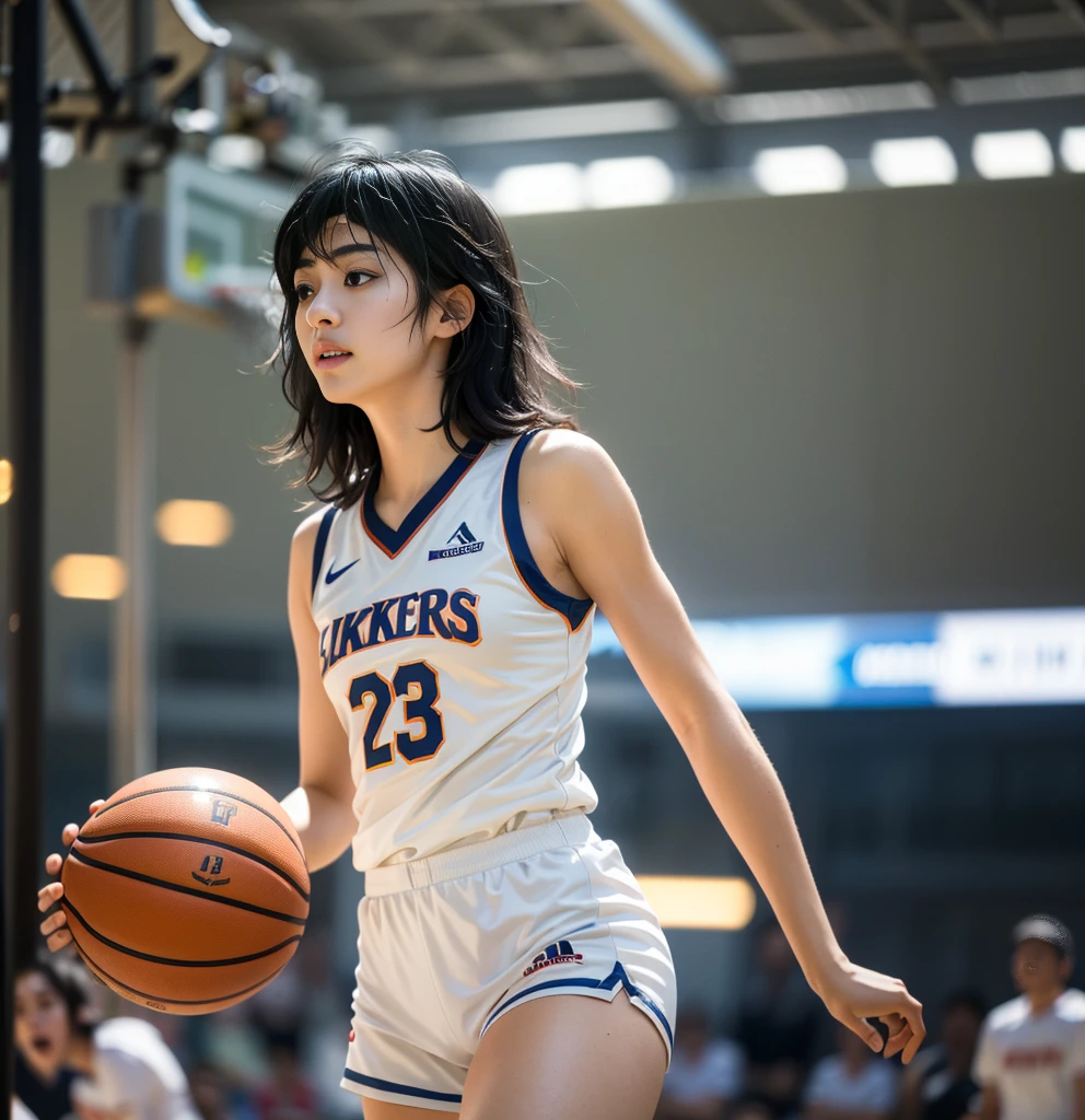 (8k, best quality, masterpiece:1.2), (realistic, photo-realistic:1.37), ultra-detailed,best quality, ultra high res, professional lighting, photon mapping, radiosity, physically-based rendering, cinematic lighting, basketball court,depth of field, sharp focus,sunbeam, good composition,(bokeh:1.2) 1girl,solo,(full body), (closed mouth),beautiful detailed eyes, pose, narrow waist,basketball uniform, black hair,messy hair,long hair floating in wind,(ulzzang-6500:1.2)
 mix4, hiqcgbody