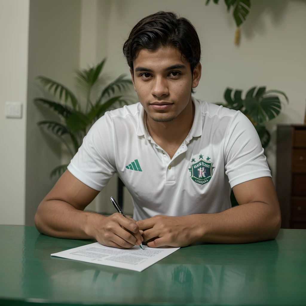 Young promise of Brazilian football, signing a million-dollar contract with Clube de Regatas do Flamengo, looking directly at the camera, to record a beautiful image of the contract signing, He has a pen in his hand signing the contract on the table.