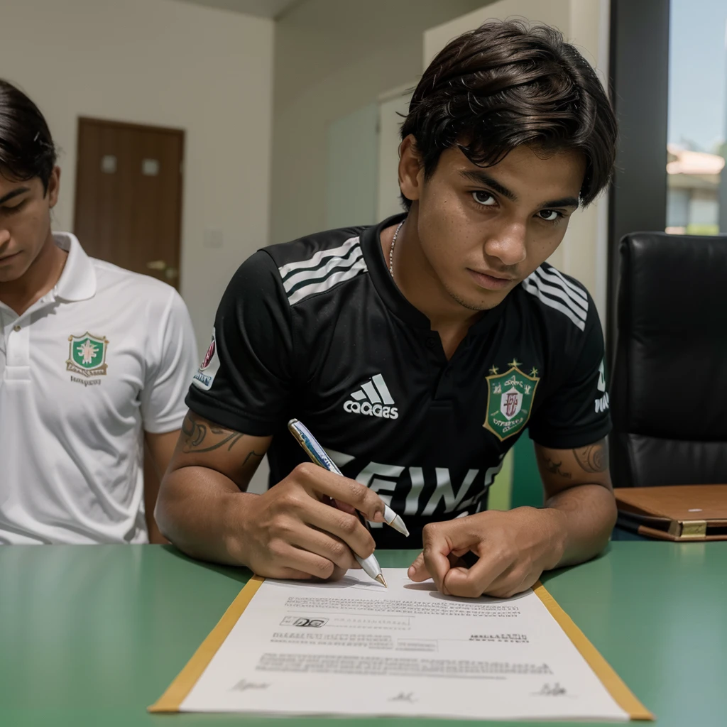 Young promise of Brazilian football, signing a million-dollar contract with Clube de Regatas do Flamengo, looking directly at the camera, to record a beautiful image of the contract signing, He has a pen in his hand signing the contract on the table.