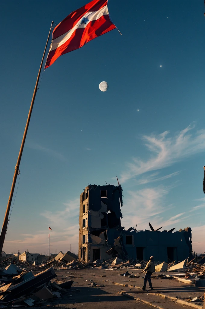 A broken flag waving with the sky, while a destroyed town could be seen from behind, the moon was up just behind the tip of the flag