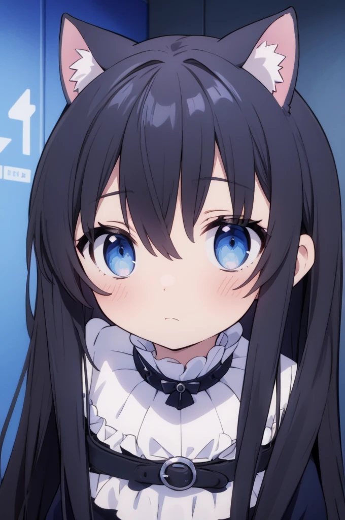 anime girl vtuber black hair blue eyes, in a blue room with gothic clothing annoying cat ears 
