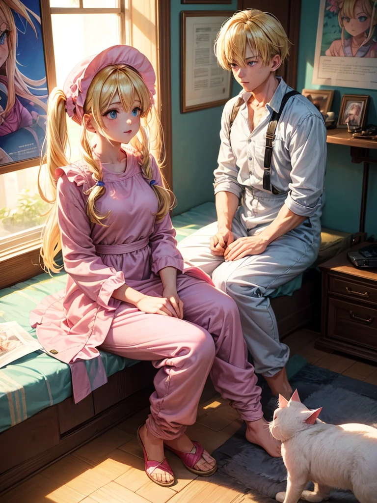 An adult girl with bright blonde hair, hairstyle in two low pigtails with pink ribbons, and blue eyes full of curiosity. Designed in the style of Dragon Ball Z, She wears a pink jumpsuit dress and a matching hat.. Sitting in her cozy room, decorated with posters and drawings, next to his white cat with green eyes. The cat, snuggled and calm, He looks at her with affection and curiosity.. The scene highlights the warmth of her room and the connection between the girl and her cat..
