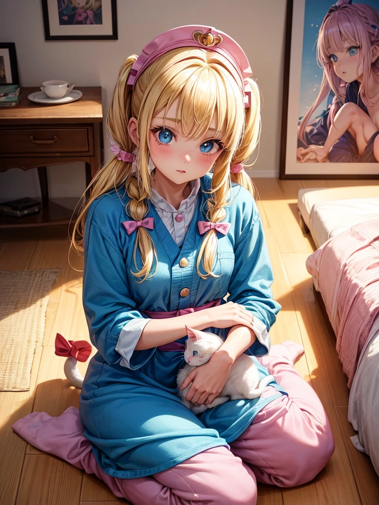 An adult girl with bright blonde hair, hairstyle in two low pigtails with pink ribbons, and blue eyes full of curiosity. Designed in the style of Dragon Ball Z, She wears a pink jumpsuit dress and a matching hat.. Sitting in her cozy room, decorated with posters and drawings, next to his white cat with green eyes. The cat, snuggled and calm, He looks at her with affection and curiosity.. The scene highlights the warmth of her room and the connection between the girl and her cat..