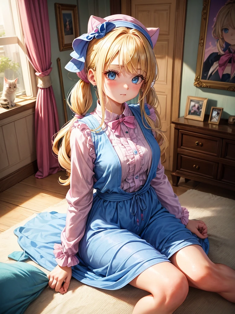 An adult girl with bright blonde hair, hairstyle in two low pigtails with pink ribbons, and blue eyes full of curiosity. Designed in the style of Dragon Ball Z, She wears a pink jumpsuit dress and a matching hat.. Sitting in her cozy room, decorated with posters and drawings, next to his white cat with green eyes. The cat, snuggled and calm, He looks at her with affection and curiosity.. The scene highlights the warmth of her room and the connection between the girl and her cat..
