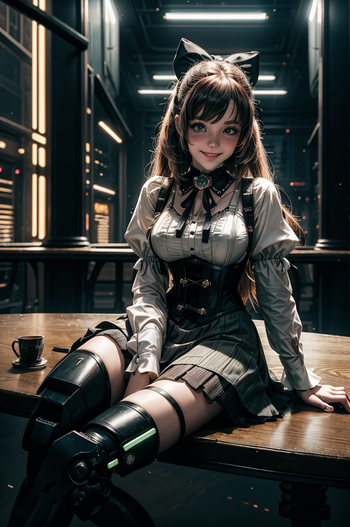 1girl, solo, cowboy shot, smile, underbust, Penny Polendina, long hair, neck ribbon, suspender skirt, corset, black bow, white blouse, mechanical legs, neon trim, indoors, sitting at table, in cyberpunk library, crowd, (crowd wearing cyberpunk fashion)