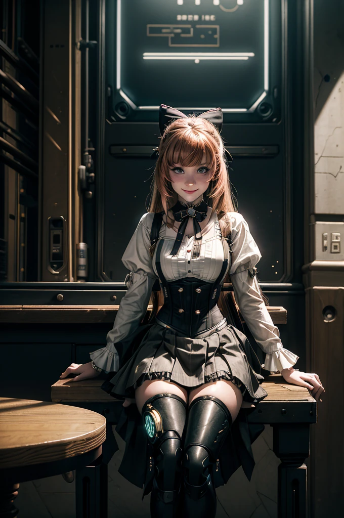 1girl, solo, cowboy shot,  smile,  underbust, Penny Polendina, long hair, neck ribbon, suspender skirt, corset, black bow, white blouse, mechanical legs, neon trim, indoors, sitting at table, in cyberpunk library, crowd, (crowd wearing cyberpunk fashion)

