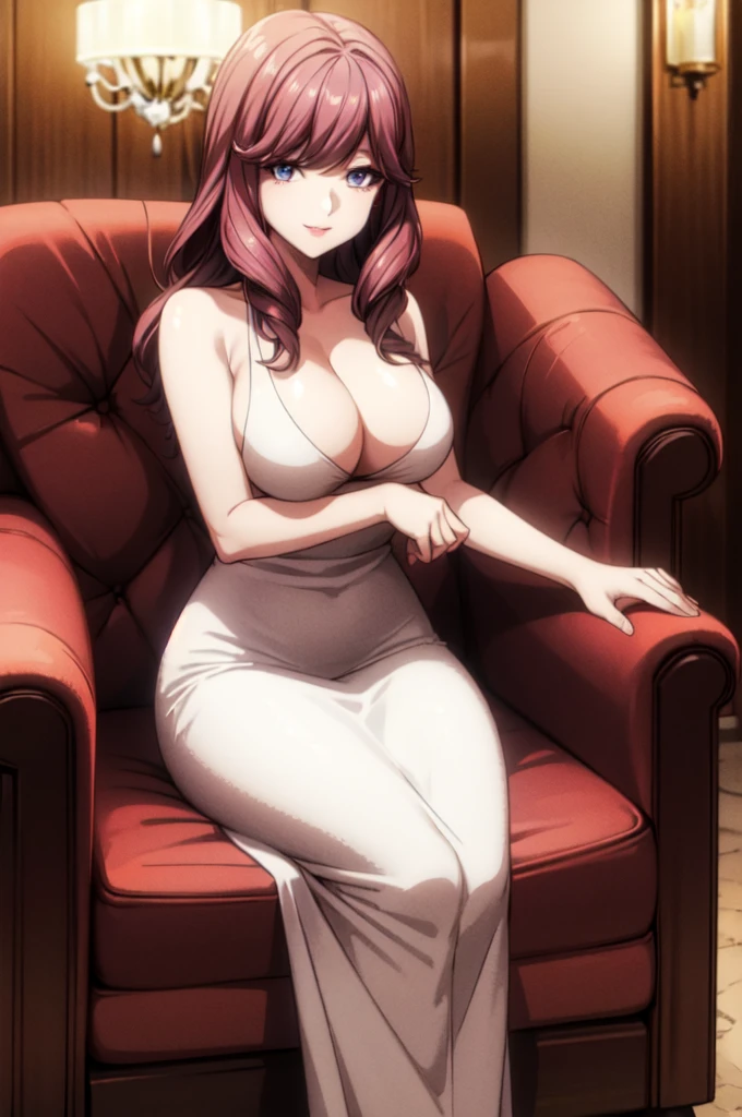 perfect eyes:1.2, detailed eyes:1.4, hall, smile, chandelier, sitting on armchair, medium hair, Kurayoshi_R, cleavage, large breasts, white dress, long dress, medium full shot, thigh-level shot, 1girl,(masterpiece:1.6, best quality),