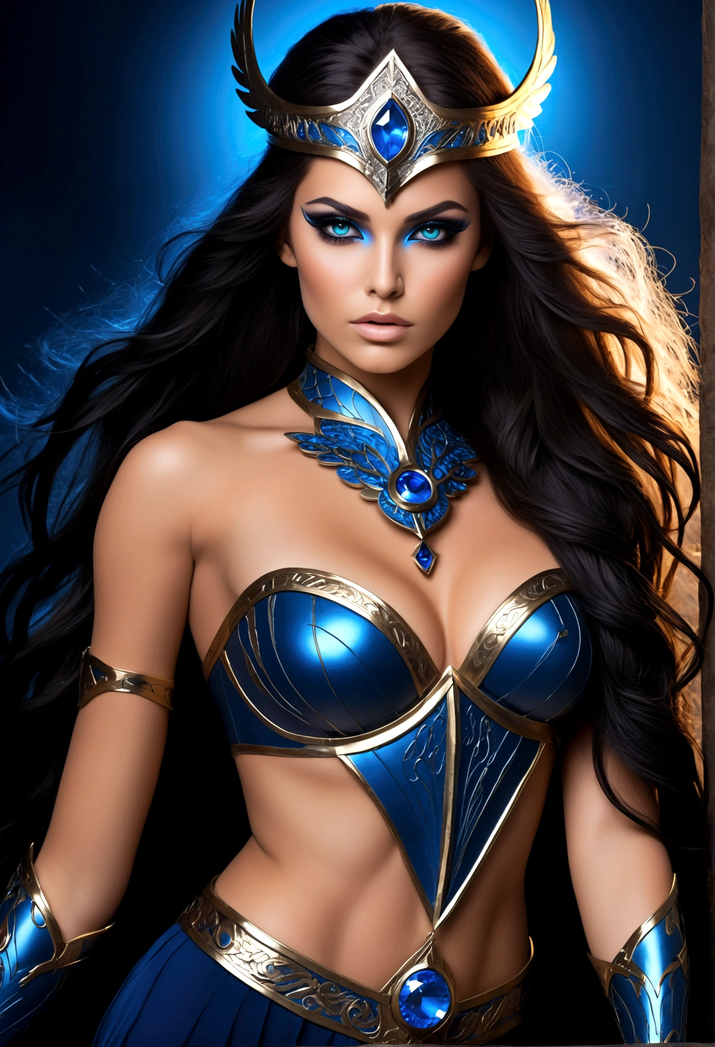 Create an image of a stunningly gorgeous beautiful sexy valkyrie, stunningly perfect gorgeous face,  long luscious eyelashes, black eyeliner, black eye shadow, neon sapphire eyes, beautiful perfect makeup, detailed long hair, perfect hour glass body figure, very sexy custom, 