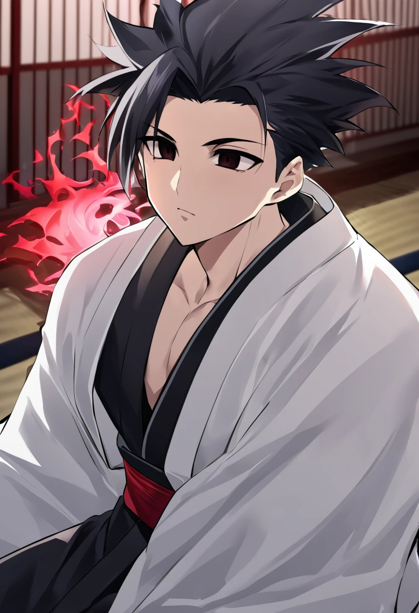 1boy, male focus, ponyzeldris, black hair, short hair, spiked hair, black eyes, red eyes, empty eyes,muscle, wearing white kimono with blue parts, sitting at the the dojo, dojo background, focused expression,closed eyes, Crossed legs,red aura