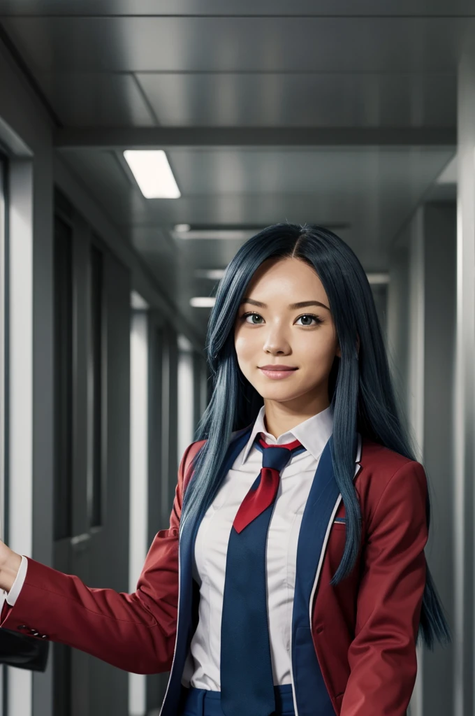 Screenshot Boku no Hero Academia, Pretty Woman, long blue hair,Medium eyes and 1 red and one green , happy expression , uniform gray jacket and red tie, walking through the hallways looking at the camera from the front
