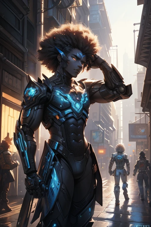 afro man, afro hair, Dark fantasy, cyberpunk, Mechanical Marvel, Robotic Presence, Cyber Guardian, wearing a weathered mechanical suit, intricate, (rusty steel metal), elegant, Bright Focus, shot by Greg Rutkowski, soft lighting, vibrant colors , masterpiece, street, cowboy shot, dynamic pose.