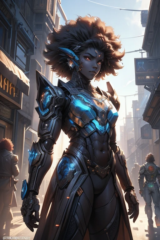 afro man, afro hair, Dark fantasy, cyberpunk, Mechanical Marvel, Robotic Presence, Cyber Guardian, wearing a weathered mechanical suit, intricate, (rusty steel metal), elegant, Bright Focus, shot by Greg Rutkowski, soft lighting, vibrant colors , masterpiece, street, cowboy shot, dynamic pose.