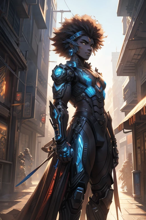 afro man, afro hair, Dark fantasy, cyberpunk, Mechanical Marvel, Robotic Presence, Cyber Guardian, wearing a weathered mechanical suit, intricate, (rusty steel metal), elegant, Bright Focus, shot by Greg Rutkowski, soft lighting, vibrant colors , masterpiece, street, cowboy shot, dynamic pose.