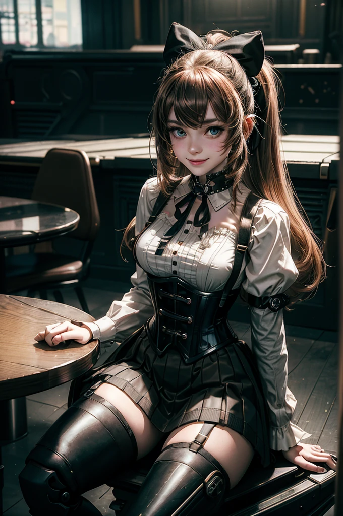 1girl, solo, cowboy shot, smile, underbust, Penny Polendina, long hair, neck ribbon, suspender skirt, corset, black bow, white blouse, mechanical legs, neon trim, indoors, sitting at table, in cyberpunk library, crowd, (crowd wearing cyberpunk fashion)