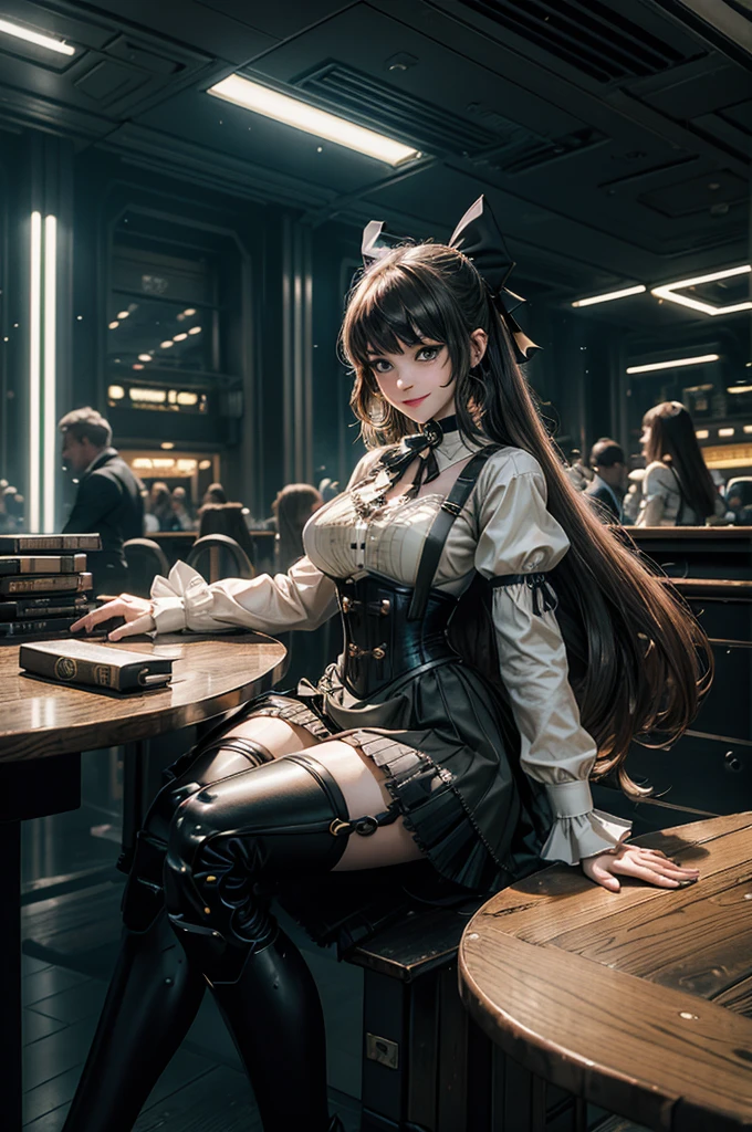 1girl, solo, cowboy shot, smile, underbust, Penny Polendina, long hair, neck ribbon, suspender skirt, corset, black bow, white blouse, mechanical legs, neon trim, indoors, sitting at table, in cyberpunk library, crowd, (crowd wearing cyberpunk fashion)