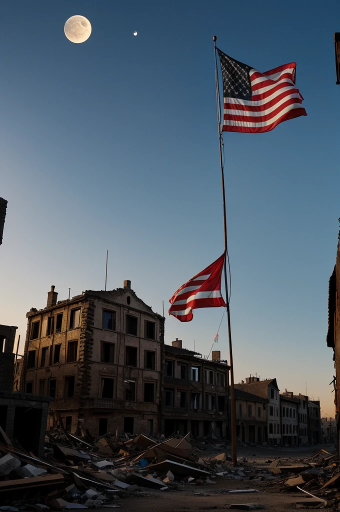A flag flying atop a destroyed medieval town with the moon rising in the middle of the night in the background, reslist