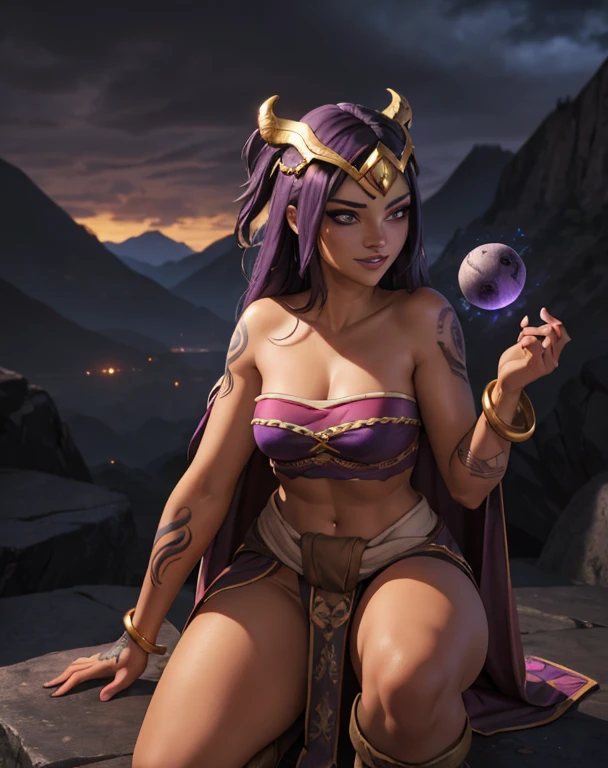 masterpiece, best quality,perfect 3D digital art,CG character, dramatic pose, dynamic action, glowing lights, neon colors, cinematic lighting, photorealistic, portrait of a 25 year old woman, She is a Sorceress, Fantasy, Fantasy environment, (Dark Skin:1.4), Purple eyes, Purple Hair, Pink Hair, Long Hair, (covered in tattoos:1.3), (Wearing: strapless top, loincloth, golden bracelets, golden head piece, golden knee high boots:1.2), looking at viewer with an amused smile, fierce and confident posture, both hands glowing bright purple, purple magic, bright purple sparks in both hands, expressive expression, dark and mysterious aura, complex eye makeup, mystical energy radiating from her hands, electric purple orbs swirling around her, (Night time, ethereal and magical atmosphere, outdoors, dark clouds in the sky, purple lighting, stone temple, mount top, stone structures, purple and magenta aroura's in the surroundings, gorgeous view of the mountains)PBR skin texture with bump details,Authentic,hyperrealistic,Rough skin exhibits a matte luster,cinemagraph,depth of field,dramatic render
