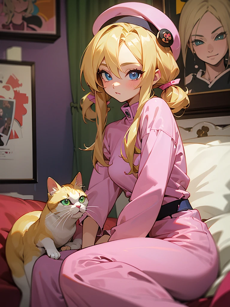 An adult girl with bright blonde hair, hairstyle in two low pigtails with pink ribbons, and blue eyes full of curiosity. Designed in the style of Dragon Ball Z, She wears a pink jumpsuit dress and a matching hat.. Sitting in her cozy room, decorated with posters and drawings, next to his white cat with green eyes. The cat, snuggled and calm, He looks at her with affection and curiosity.. The scene highlights the warmth of her room and the connection between the girl and her cat..