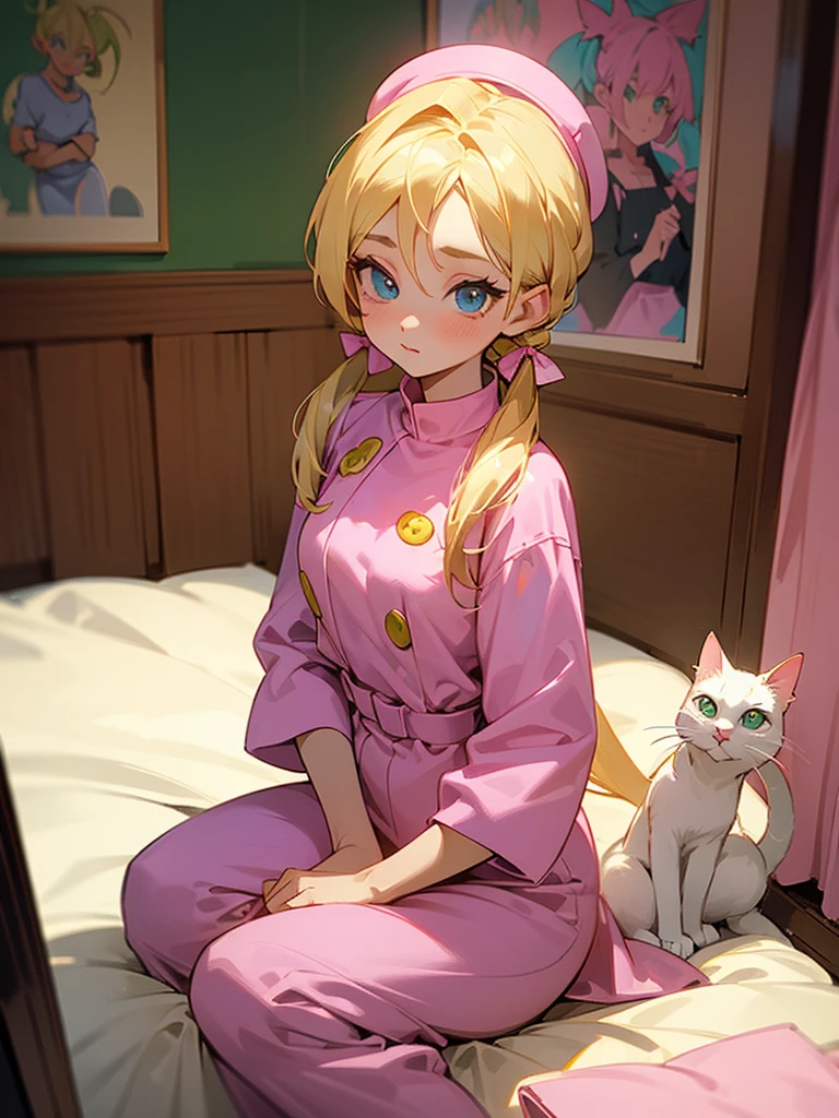 An adult girl with bright blonde hair, hairstyle in two low pigtails with pink ribbons, and blue eyes full of curiosity. Designed in the style of Dragon Ball Z, She wears a pink jumpsuit dress and a matching hat.. Sitting in her cozy room, decorated with posters and drawings, next to his white cat with green eyes. The cat, snuggled and calm, He looks at her with affection and curiosity.. The scene highlights the warmth of her room and the connection between the girl and her cat..