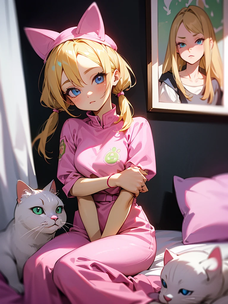An adult girl with bright blonde hair, hairstyle in two low pigtails with pink ribbons, and blue eyes full of curiosity. Designed in the style of Dragon Ball Z, She wears a pink jumpsuit dress and a matching hat.. Sitting in her cozy room, decorated with posters and drawings, next to his white cat with green eyes. The cat, snuggled and calm, He looks at her with affection and curiosity.. The scene highlights the warmth of her room and the connection between the girl and her cat..