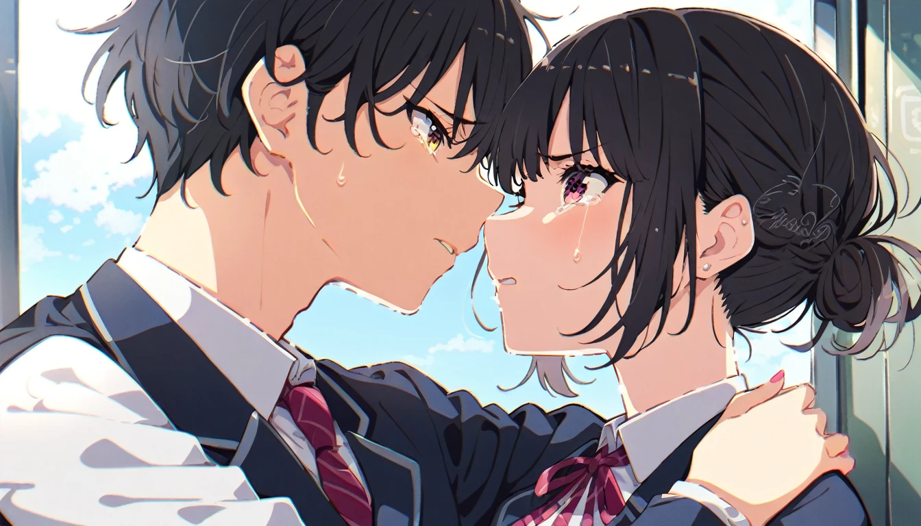 A girl with short black hair and small breasts in a blazer uniform is forced to kiss a man on a train and cries in disgust.