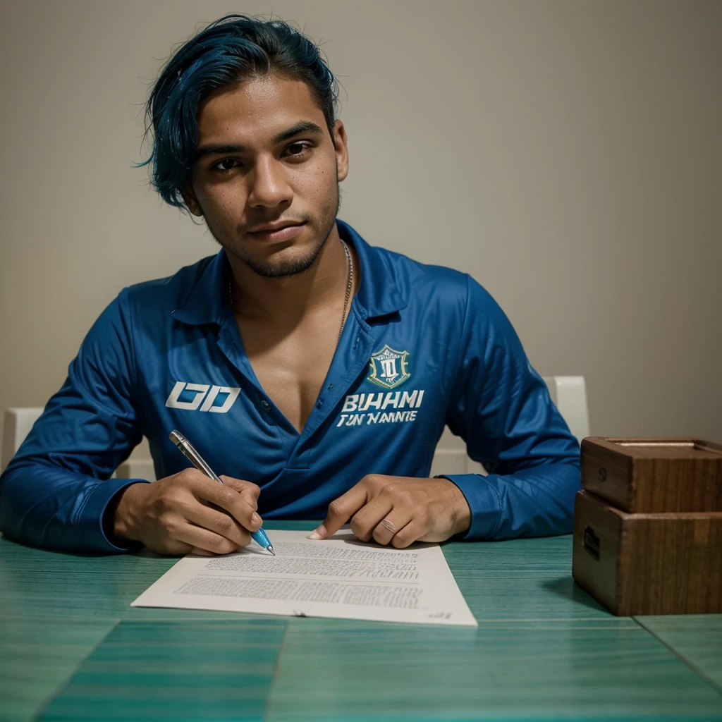 Young promise of Brazilian football, signing a million-dollar contract with Clube de Regatas do Flamengo, looking directly at the camera, to record a beautiful image of the contract signing, He has a pen in his hand signing the contract on the table. He has blue hair and a blue beard.
