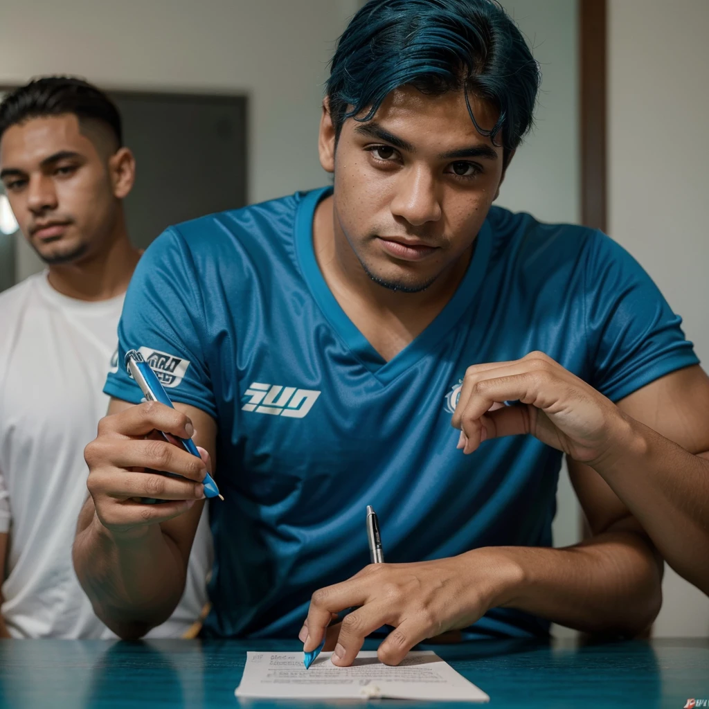 Young promise of Brazilian football, signing a million-dollar contract with Clube de Regatas do Flamengo, looking directly at the camera, to record a beautiful image of the contract signing, He has a pen in his hand signing the contract on the table. He has blue hair and a blue beard.