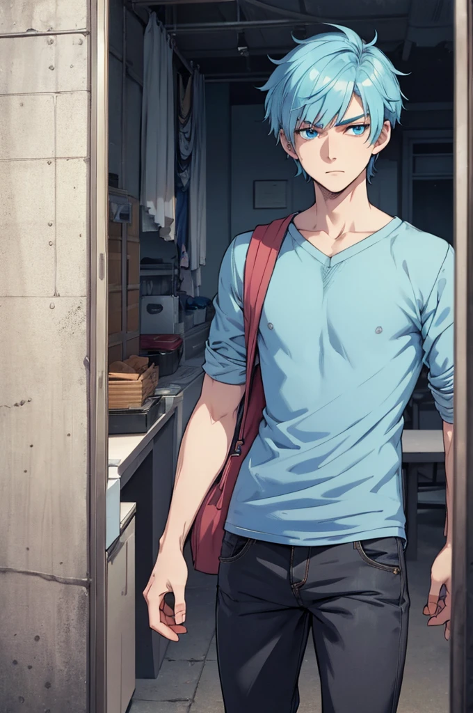 Pale skin, Short fluffy blue hair, Tired blue eyes with slight bags underneath, Slender build, animated, posing, male, Casual clothes, Introverted, hardworking, fatigued, contemplative, college student, ADULT MALE