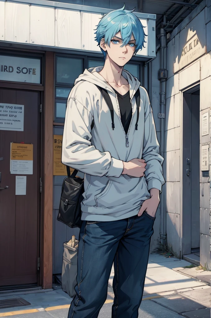Pale skin, Short fluffy blue hair, Tired blue eyes with slight bags underneath, Slender build, animated, posing, male, Casual clothes, Introverted, hardworking, fatigued, contemplative, college student, ADULT MALE
