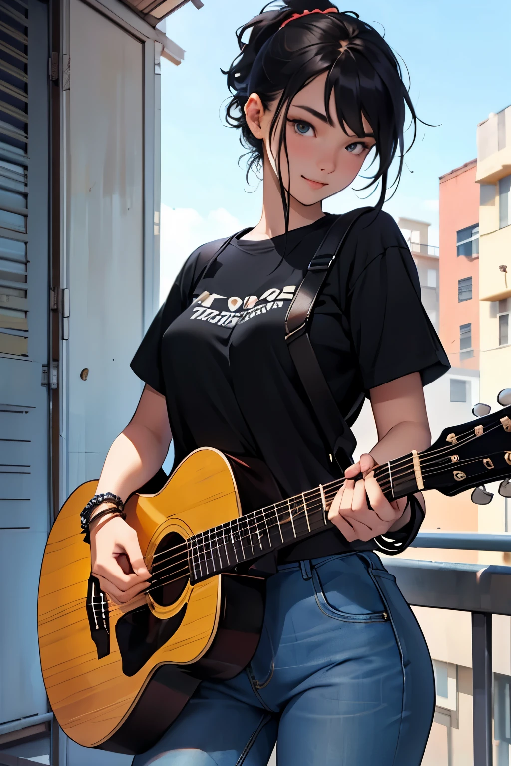 There is a woman that is holding a guitar on a balcony - SeaArt AI