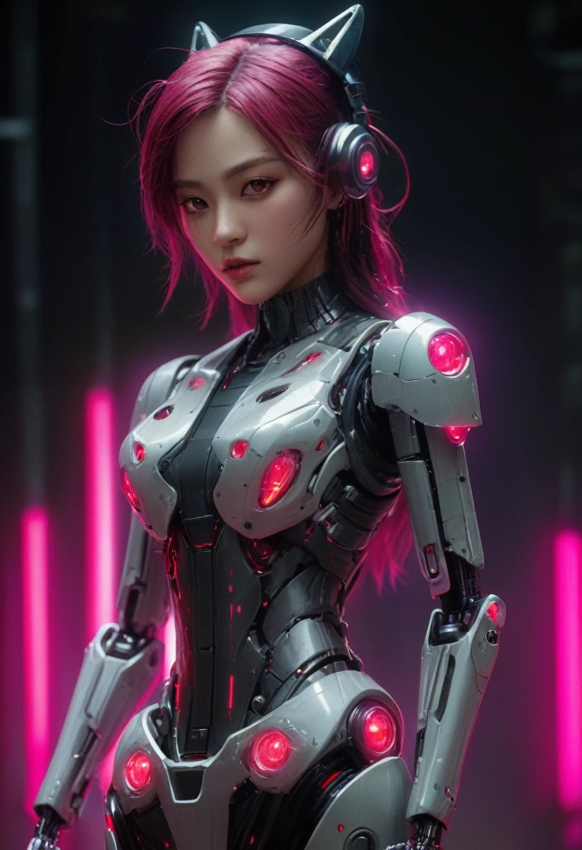 xxmixgirl. Highly detailed professional 35mm film, bokeh, face in sharp focus. A robotic female, Miku, with ((metal skin)), ((perfect Asian eyes)) with magenta irises and ((black pupils)), beautiful serious (detailed face), 18 year old ((photorealistic face)), very long magenta twin tails of magenta hair, twin black hair ties with a single red stripe. She may have a black audio headpiece. We can see her ((full body)) down to her boot soles. Her outfit is a sleeveless collared light grey shirt, outlined in red around the frilled collar and hems. Shiny reflective ((metallic breast cups, dimpleless)), invisible nipples. She wears black sleeves with red hems that start around her upper arm and bellow out as the sleeves open and extend to her wrists, with wide trumpet red rimmed cuffs. She has perfect robotic (detailed hands). She wears a red colored tie with two horizontal solid parallel black lines halfway across. She wears a fabric black skirt with a horizontal red hem at the bottom all the way around; her (((black skirt wraps around her))) and ((her skirt completely covers)) her robotic waist and thighs. Tall black boots with red bottom soles, a red rim around the top at her thighs. Her mechanical shoulder joints are visible. We can see her robotic legs and robotic neck. Half of her is covered with shiny polished machinery. The background is a distant dark neon futuristic Japanese city, gold, cyan, violet neon, near harbor or mountains.