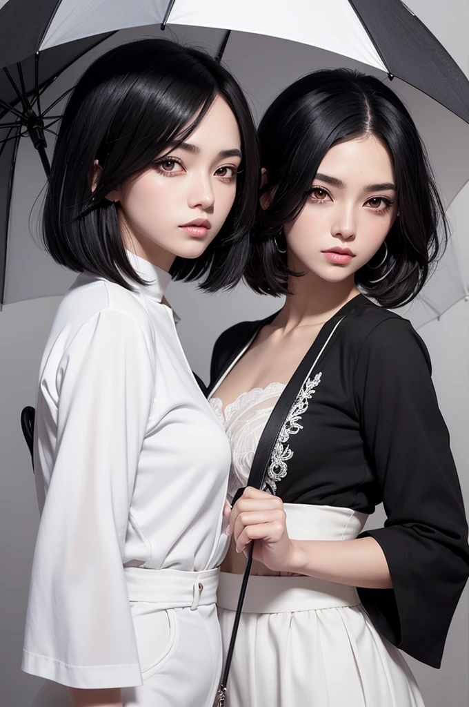 1 character, 2d masculino, feminine traits, arte anime, white clothes with black details, white and black hair, shorth hair, shorth hair feminino, muka feminino, muka , muka apático, black umbrella, stylish umbrella, simple art, Simple sketch, Red eye