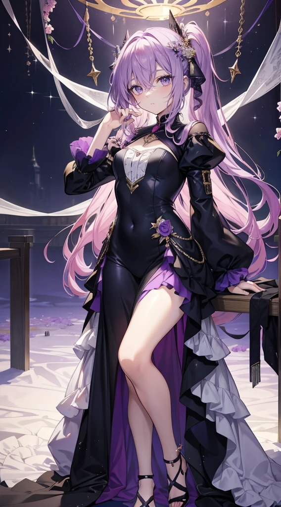 Anime,masterpiece,(bestquality),highlydetailed,ultra-detailed,purple hair:1.5),1 boy,Full Length Shot(FLS),Beautiful Boys, (beautiful face, cute expression), (, charming), (Broken hair),(Handsome hairstyle),(Whole body diagram),(Women's clothing)