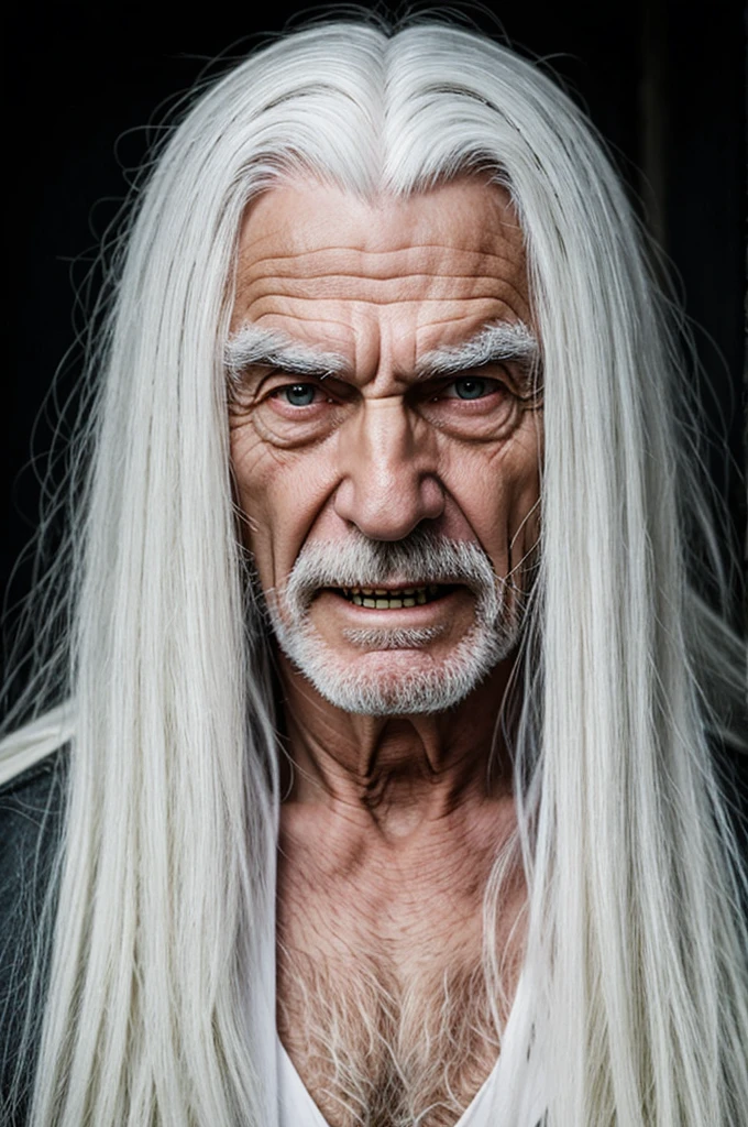 Old man with long white hair and open black eyes pale face and long white eyebrows and vampire fangs