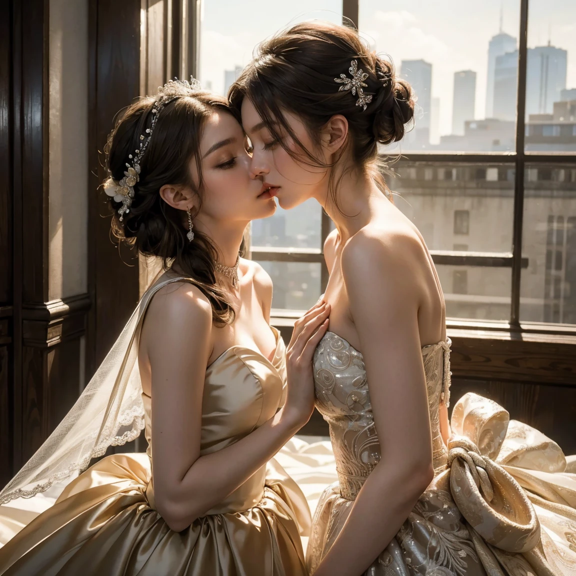 (masterpiece, highest quality, official art, beauty and aesthetic), two stunning bride is deeply in love with each other, kiss