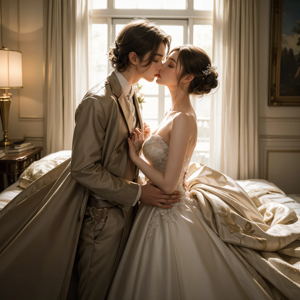 (masterpiece, highest quality, official art, beauty and aesthetic), two stunning bride is deeply in love with each other, kiss