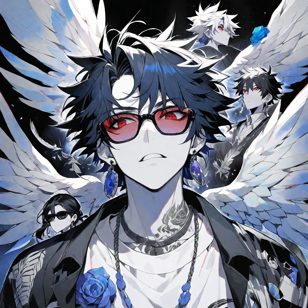 独奏,handsome, monochrome,watercolor,1 male, Ponytail, Braided black hair, red eyes, Gojo Satoru,Angel feather,Earrings,necklace
,casual,Blue Rose Tattoo,black Oversized court,Stylish,cool,Wear sunglasses around your neck,Void,look up,
blackbackground,İcon,Despise face up,front