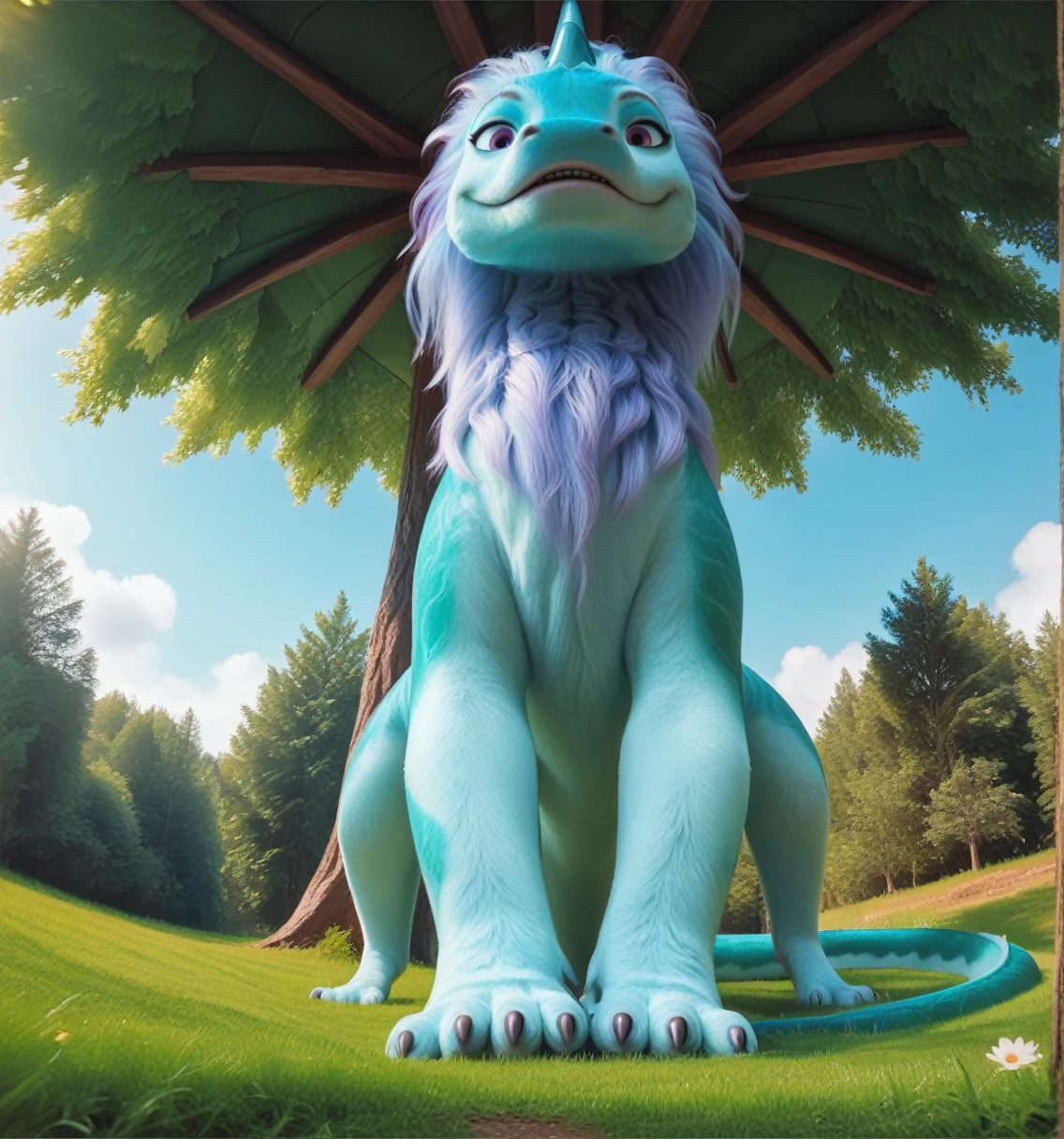 score_9, score_8_up, score_7_up, score_6_up, score_5_up, score_4_up, source_furry, rating_safe, female feral eastern dragon sisu rald with detailed blue fur, lying on back, grass, POV, (low-angle view:1.3), (worm's-eye view:1.3), (looking down), cute, detailed purple eyes, lidded eyes, photorealism, outside, detailed, intricate, real life, photograph, realism, realistic, (pointed teeth:0.46), thick thighs, (clouds:0.6), sunny, blue sky, trees