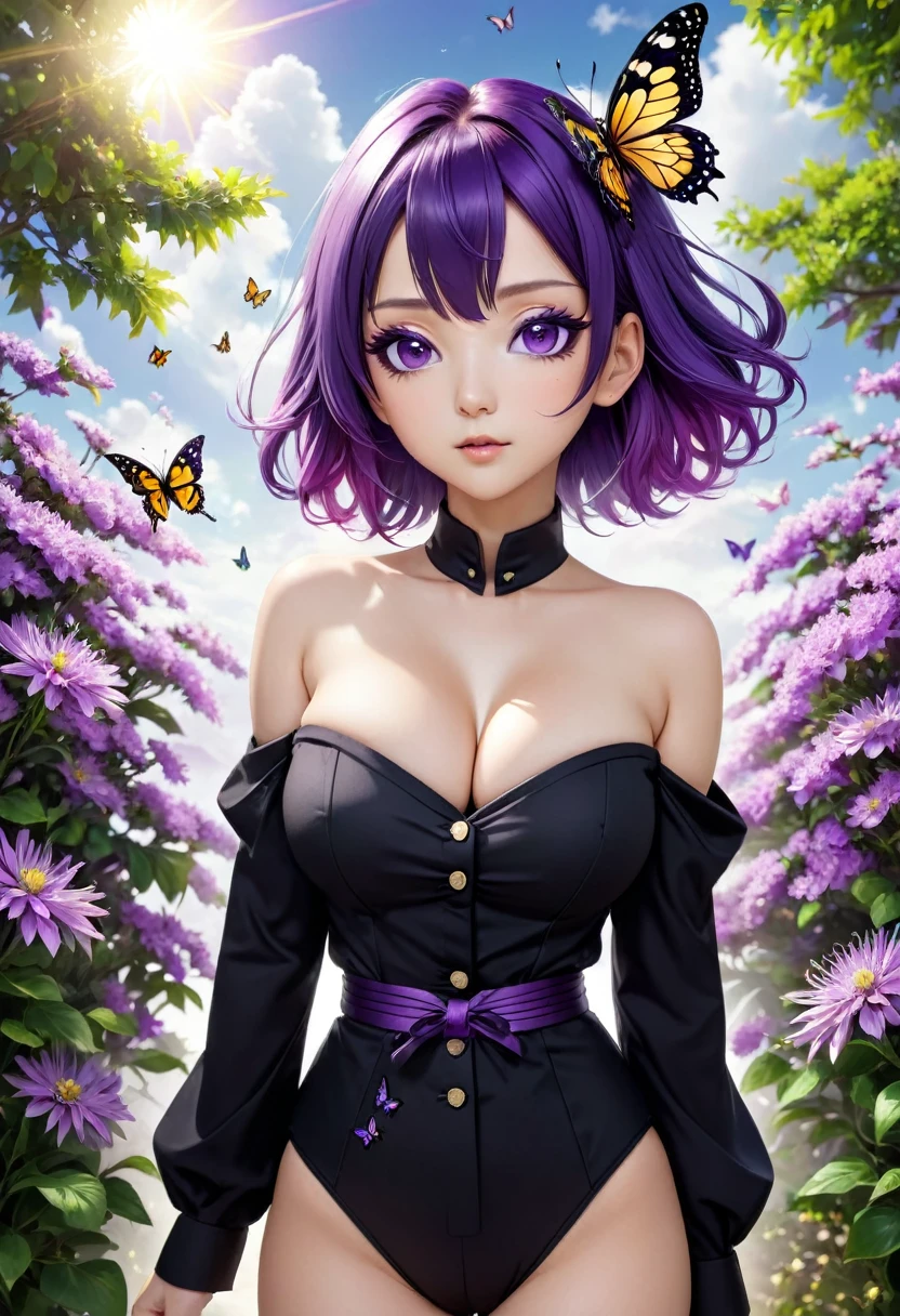 Ultra-realistic 8K CG,masterpiece,((Highly detailed background,Delicate pattern,Intricate details)),The best quality at its best,とてもとてもとても詳細なface,非常に詳細な目とface,Very fine grain,kochou shinobu,Multicolored Hair,No bangs,Hair Intake,Purple eyes,amount,Black Shirt,Black pantsuit,Haori,butterfly,button,band,(熱band庭園:1.2),Purple Flower,tchibi,mostly cloudy null,Light of the sun,Tyndall effect,Slope_null,face,beautiful null,Sabre on waist,Seductive posture,(Large Breasts),(Cleavage),(Off-the-shoulder outfit:1.3)