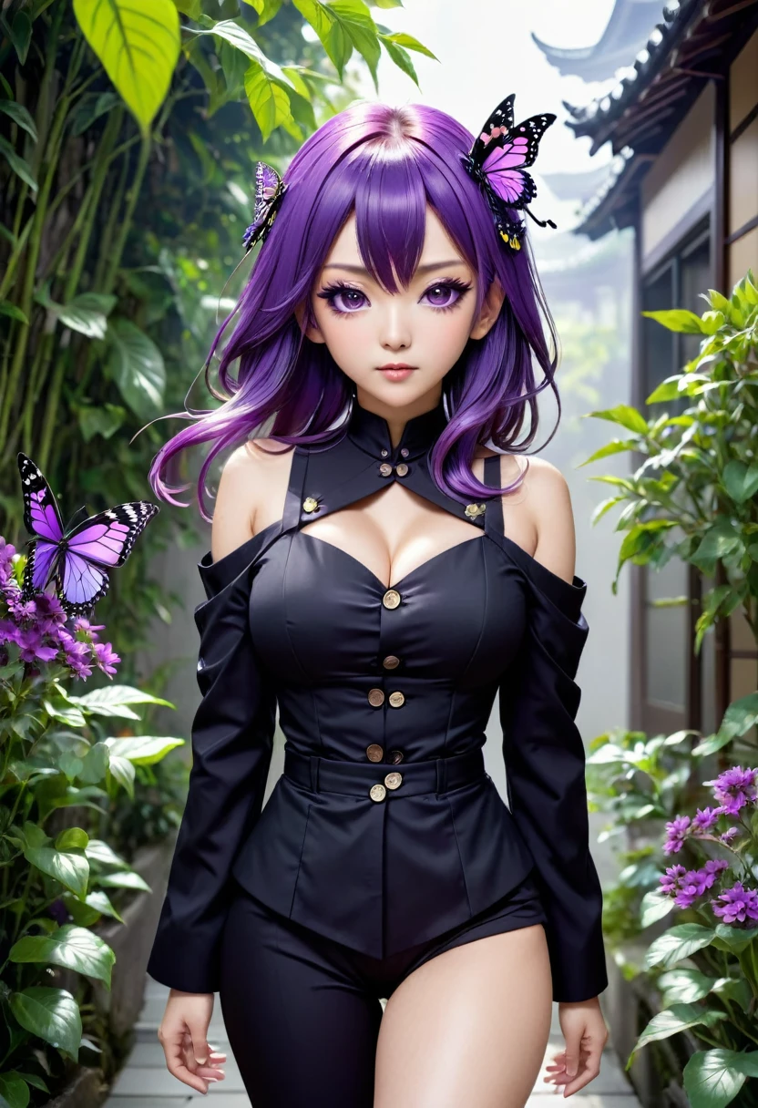 Ultra-realistic 8K CG,masterpiece,((Highly detailed background,Delicate pattern,Intricate details)),The best quality at its best,とてもとてもとても詳細なface,非常に詳細な目とface,Very fine grain,kochou shinobu,Multicolored Hair,No bangs,Hair Intake,Purple eyes,amount,Black Shirt,Black pantsuit,Haori,butterfly,button,band,(熱band庭園:1.2),Purple Flower,tchibi,mostly cloudy null,Light of the sun,Tyndall effect,Slope_null,face,beautiful null,Sabre on waist,Seductive posture,(Large Breasts),(Cleavage),(Off-the-shoulder outfit:1.3)