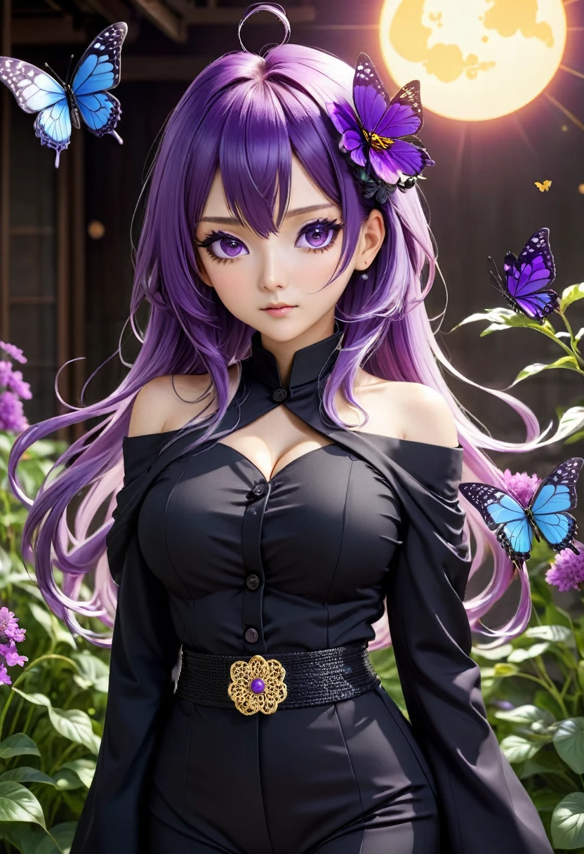 Ultra-realistic 8K CG,masterpiece,((Highly detailed background,Delicate pattern,Intricate details)),The best quality at its best,とてもとてもとても詳細なface,非常に詳細な目とface,Very fine grain,kochou shinobu,Multicolored Hair,No bangs,Hair Intake,Purple eyes,amount,Black Shirt,Black pantsuit,Haori,butterfly,button,band,(熱band庭園:1.2),Purple Flower,tchibi,mostly cloudy null,Light of the sun,Tyndall effect,Slope_null,face,beautiful null,Sabre on waist,Seductive posture,(Large Breasts),(Cleavage),(Off-the-shoulder outfit:1.3)